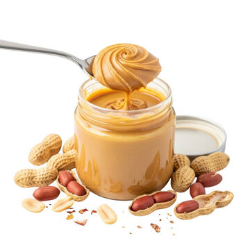 Peanut butter in a glass jar with peanuts and spoonful isolated on transparent background