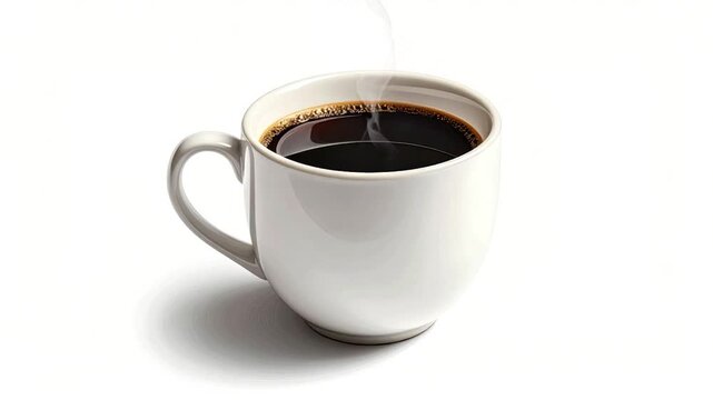 A white mug filled with dark, steaming coffee against a white background with a shadow