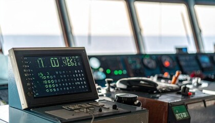 Fototapeta premium Modern Ship Bridge Control Panel with Digital Display and Navigation Equipment.