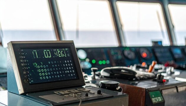 Modern Ship Bridge Control Panel with Digital Display and Navigation Equipment.