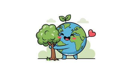 Fototapeta premium Cute chibi Earth globe mascot with a smiling face and a green sprout on its head hugging a lush green tree with a small red heart symbol, vector illustration on white background.