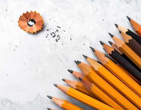 Pencils and Shavings on White Background.