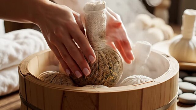 Hands preparing herbal compress balls in wooden spa steamer