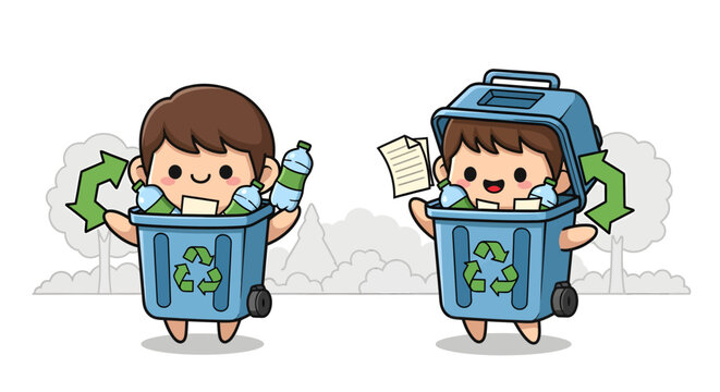 Set of two chibi style mascots of boys inside blue mobile recycling bins holding plastic bottles and paper sheets with green recycling logos on a minimalist landscape background.