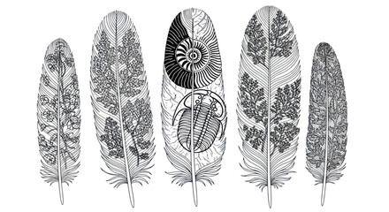 Feathers with fossil imprints - ammonite, trilobite, fern patterns © hidayati