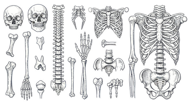 Human Skeleton Anatomy Illustration - Bones, Skull, Spine, Ribs, Pelvis, Limbs