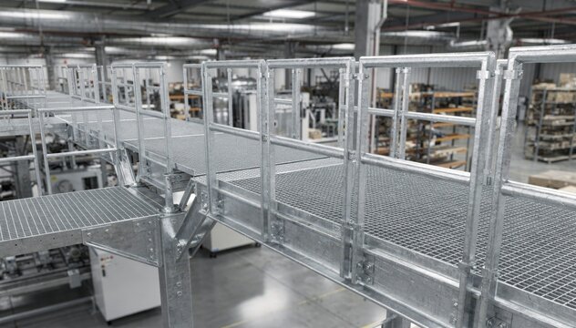 Industrial catwalk system with modular steel construction showcasing a grating deck and reinforced safety rails against a factory backdrop.