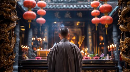 Obraz premium Taoist Priest in Ritual at Temple Surrounded by Incense and Lanterns