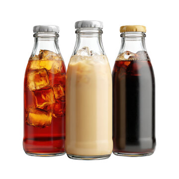 Three glass bottles of iced tea flavors isolated on transparent background