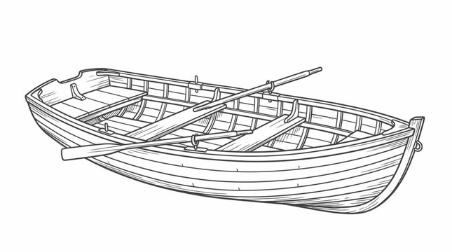 Detailed line drawing of a classic wooden rowboat with oars, ready for water transport or leisure activity.