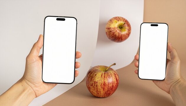 Hands holding smartphones with blank white screens for mockup design next to fresh apples against a neutral background