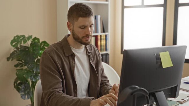 Man resting chin on fist at computer in office building, seated at desk with monitor, keyboard and notebook, rubbing jaw and squinting at the screen; work fatigue.