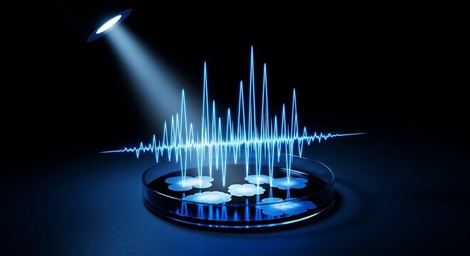 Abstract visualization of sound waves and data analysis on a petri dish under a spotlight, representing scientific research and technology.
