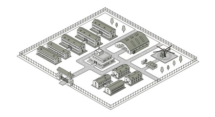 Fototapeta premium Military base isometric map vector illustrating a detailed security camp layout with various facilities, barracks, hangar, and a helicopter landing zone