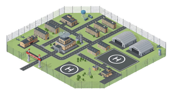 Detailed military base isometric map vector illustration showcasing a secure defense facility with various buildings, helipads, and strategic infrastructure on a green field