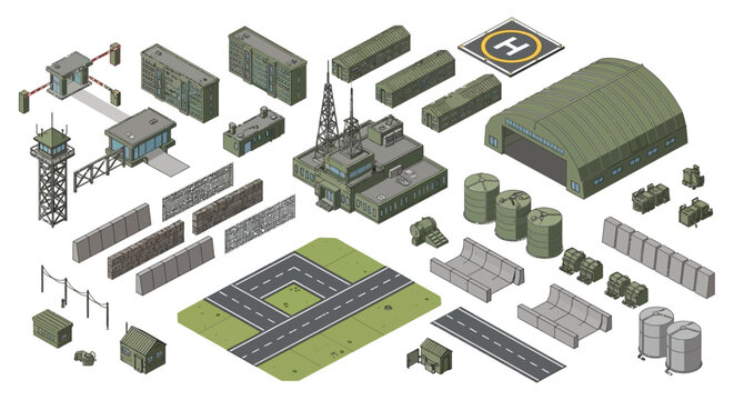 Modular military base isometric map vector kit featuring comprehensive army infrastructure elements, perfect for strategic planning and simulation layouts