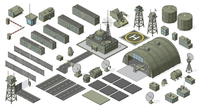 Detailed Military Base Isometric Map Vector Graphic Assets for Strategic Game or Simulation Design, Featuring Various Infrastructure Elements and Buildings