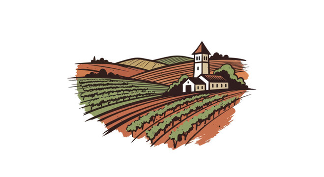 Vineyard landscape with a charming church and rolling hills.