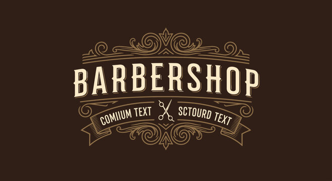 Vintage Barbershop Emblem with Ornate Flourishes and Scissors Design.