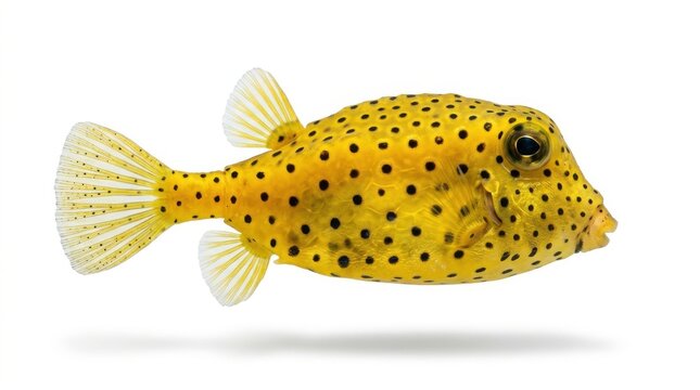 A vibrant yellow boxfish with black spots swims gracefully against a clean white background, showcasing its unique shape in a studio shot.