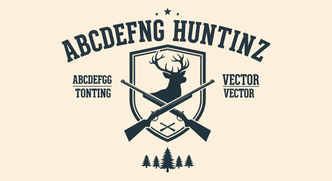 Vintage Hunting Emblem with Deer and Rifles.