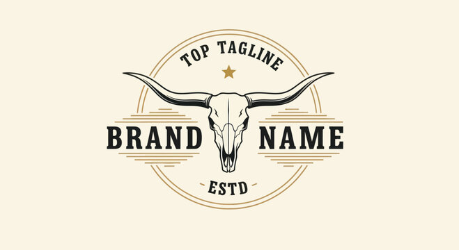 Vintage Longhorn Skull Emblem with Brand Name and Tagline.