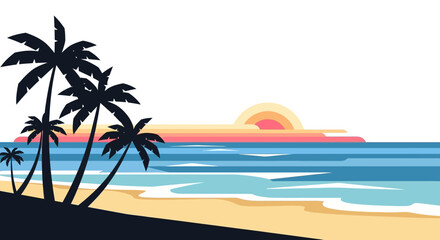 Fototapeta premium Palm trees stand on a sandy beach at sunset over the ocean waves.