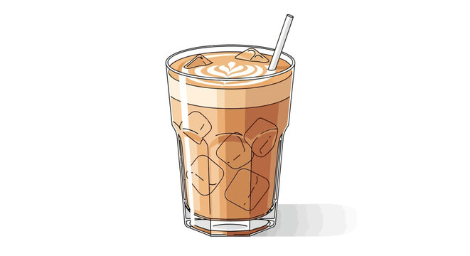 Iced coffee latte with ice cubes and a straw, refreshing cold drink.