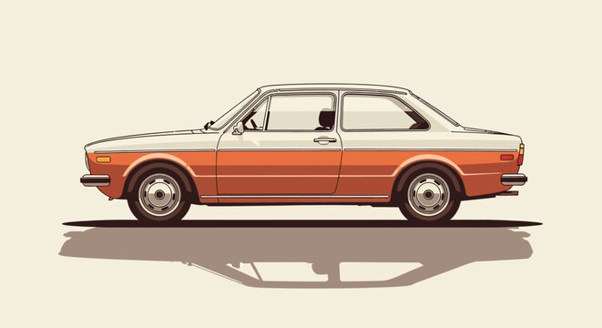 A clean illustration of a classic orange and white car with a retro design.