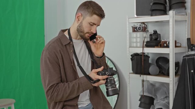 Young man checking dslr camera with hands, phone wedged at ear against green backdrop in studio; concentration.