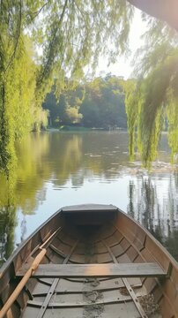 Rustic Rowboat on Tranquil Lake at Golden Hour, Framed by Weeping Willows