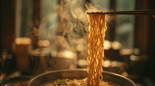 Steaming bowl of ramen with rich broth, noodles being lifted by chopsticks, steam rising dramatically, warm lighting