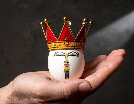 Hand holding an egg with a painted face and a small crown, symbolizing royalty and power under a spotlight.