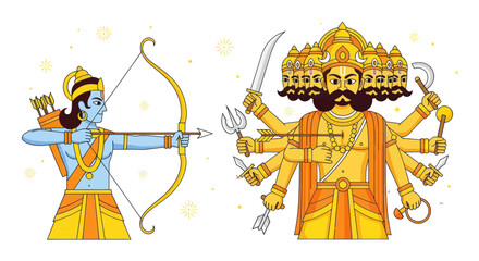 Lord Rama shooting arrow at Ravana, Hindu mythology, festival illustration © Kuning
