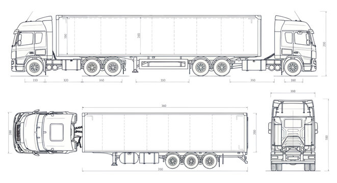 Semi-trailer Truck Blueprint - Top, Side, Front Views with Dimensions