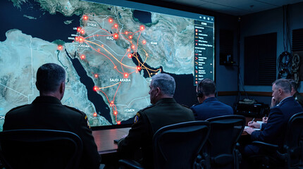 Fototapeta premium Military leaders sit at a table, observing a large screen displaying a map of strategic operations in the Middle East. The focus is on various areas of interest and planned movements