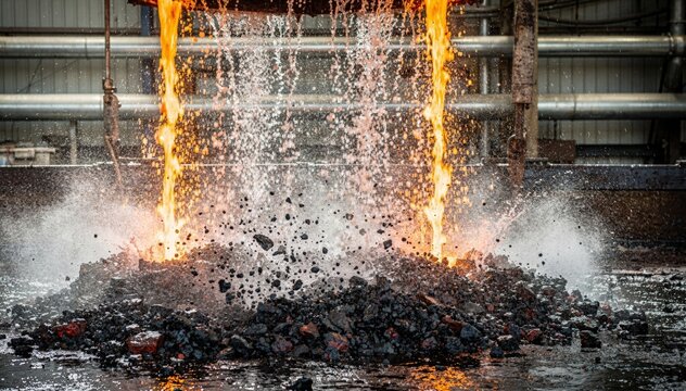 Daytime medium shot capturing water spray cooling slag streams emphasizing dynamic flow and granule formation in industrial granulation process.