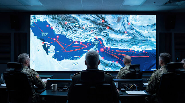 Military personnel sit in a command center while looking at a large map showing strategic locations and routes in arabian regions. They discuss military operations and plans