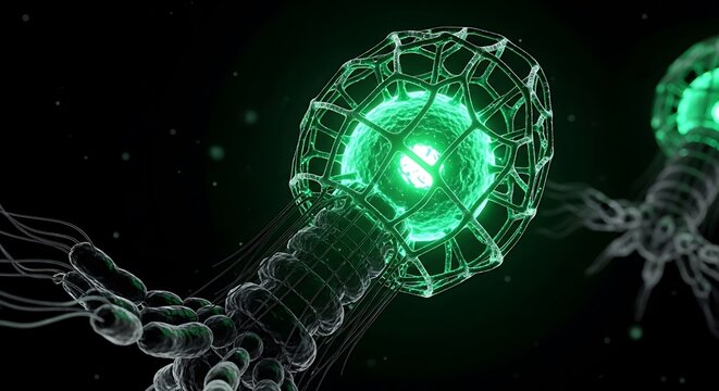 Close-up of a glowing green microscopic organism or nanobot with complex geometric structures and a segmented tail against a dark background.