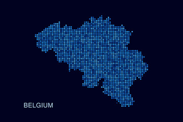 Fototapeta premium Belgium Map - Blue Dotted Halftone Vector Illustration on Dark Navy Background, Abstract Circle Grid Silhouette Design for Infographic and Modern Presentation Use.