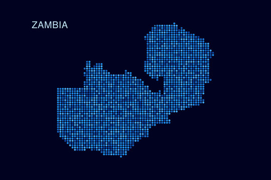 Zambia Map - Blue Dotted Halftone Vector Illustration on Dark Navy Background, Abstract Circle Grid Silhouette Design for Infographic and Modern Presentation Use.