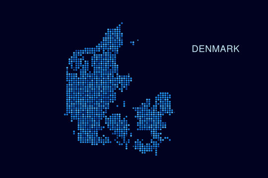 Denmark Map - Blue Dotted Halftone Vector Illustration on Dark Navy Background, Abstract Circle Grid Silhouette Design for Infographic and Modern Presentation Use.