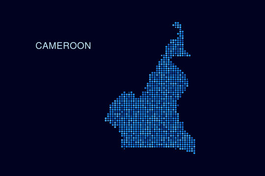 Cameroon Map - Blue Dotted Halftone Vector Illustration on Dark Navy Background, Abstract Circle Grid Silhouette Design for Infographic and Modern Presentation Use.