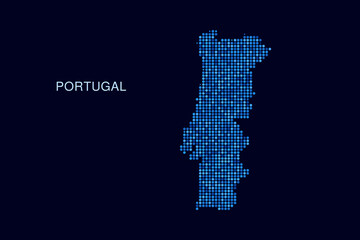 Fototapeta premium Portugal Map - Blue Dotted Halftone Vector Illustration on Dark Navy Background, Abstract Circle Grid Silhouette Design for Infographic and Modern Presentation Use.