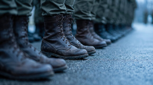 Soldiers stand in formation on a road wearing military boots. The scene shows the alignment of their footwear and the serious posture of the personnel