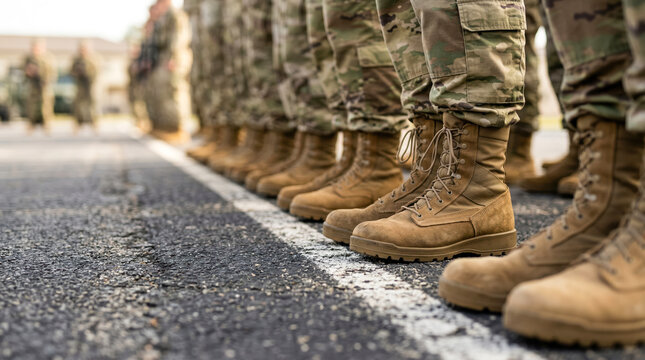 A group of soldiers stands in a straight line on a paved area, wearing military boots and uniforms. They focus on their drill instructor, preparing for morning exercises and training