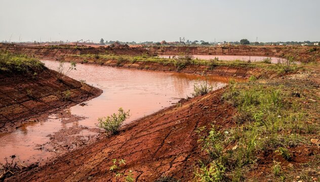 Medium shot capturing partly reclaimed red mud tailings area with emerging vegetation on berms and residue ponds emphasizing environmental recovery efforts.