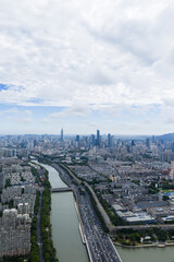 Obraz premium Aerial view of modern city with blue sky