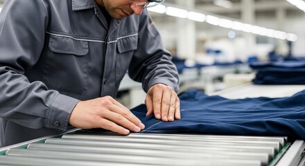 Fototapeta premium Man working in clothing factory inspecting blue garment on conveyor belt. Textile production line operator checking quality of item in fabric manufacture. Industrial apparel sewing process concept