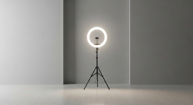 Ring light on tripod standing in empty room. Illumination tool for video creator and photographer. Modern lighting equipment for content production, vlogging, streaming and professional studio setup